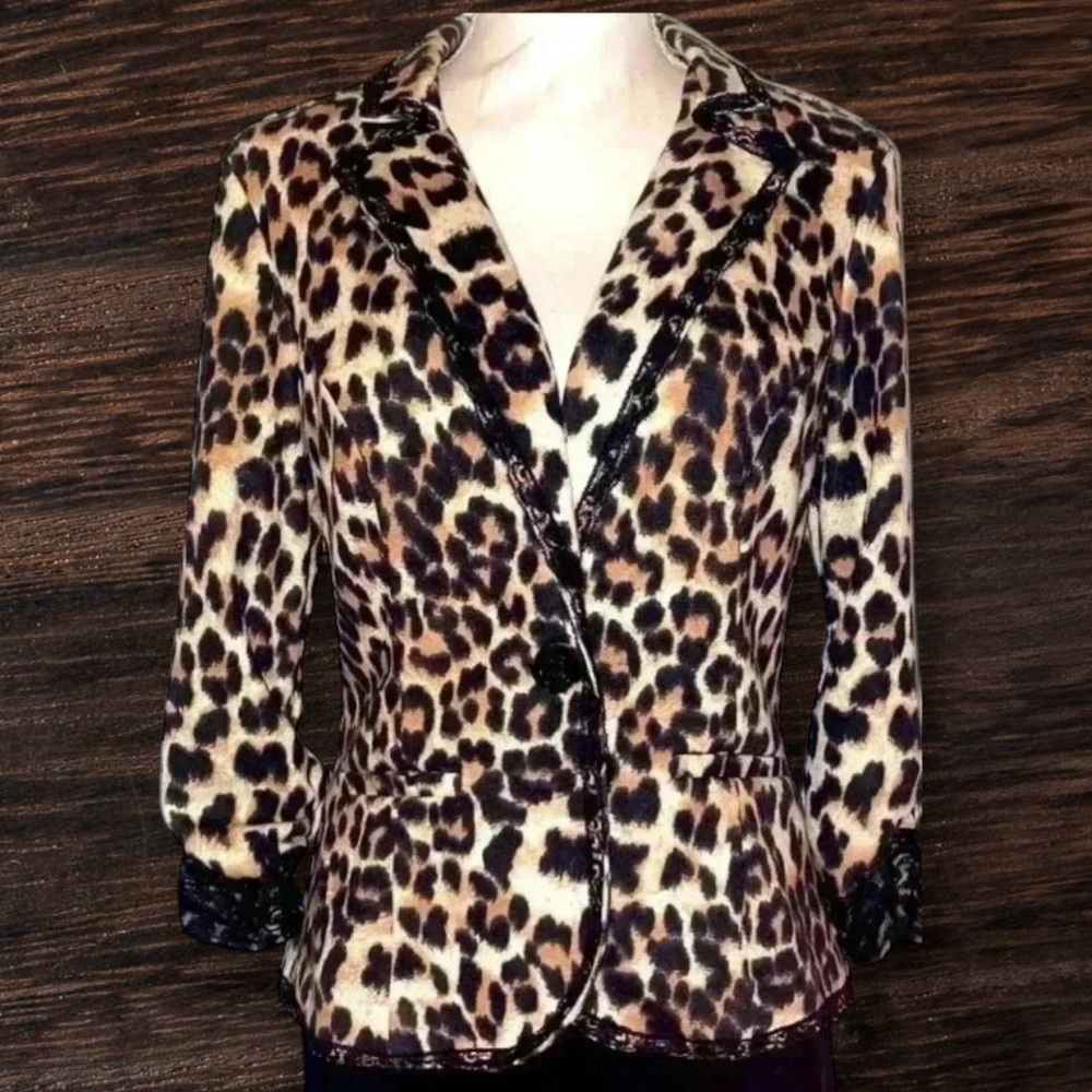 WET SEAL Fashion Jacket Black Tan Animal Leopard Print, Size Large - Picture 2 of 9